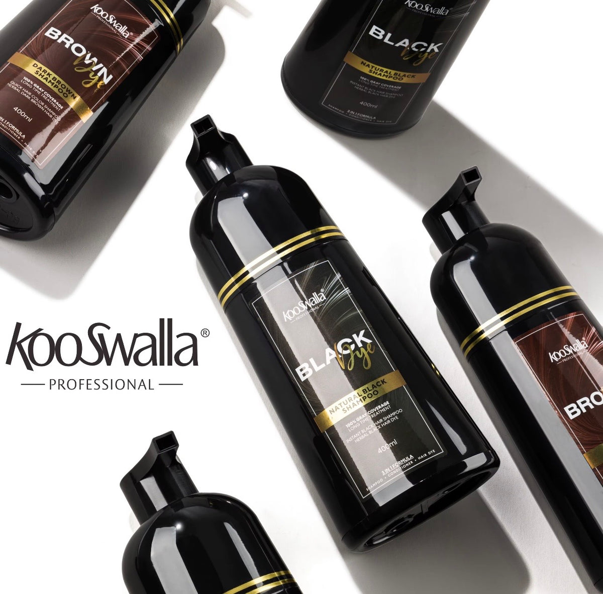 Kooswalla Professional 3-in-1 Black Hair Dye Shampoo 400ml – instant grey hair coverage with dark brown colour 