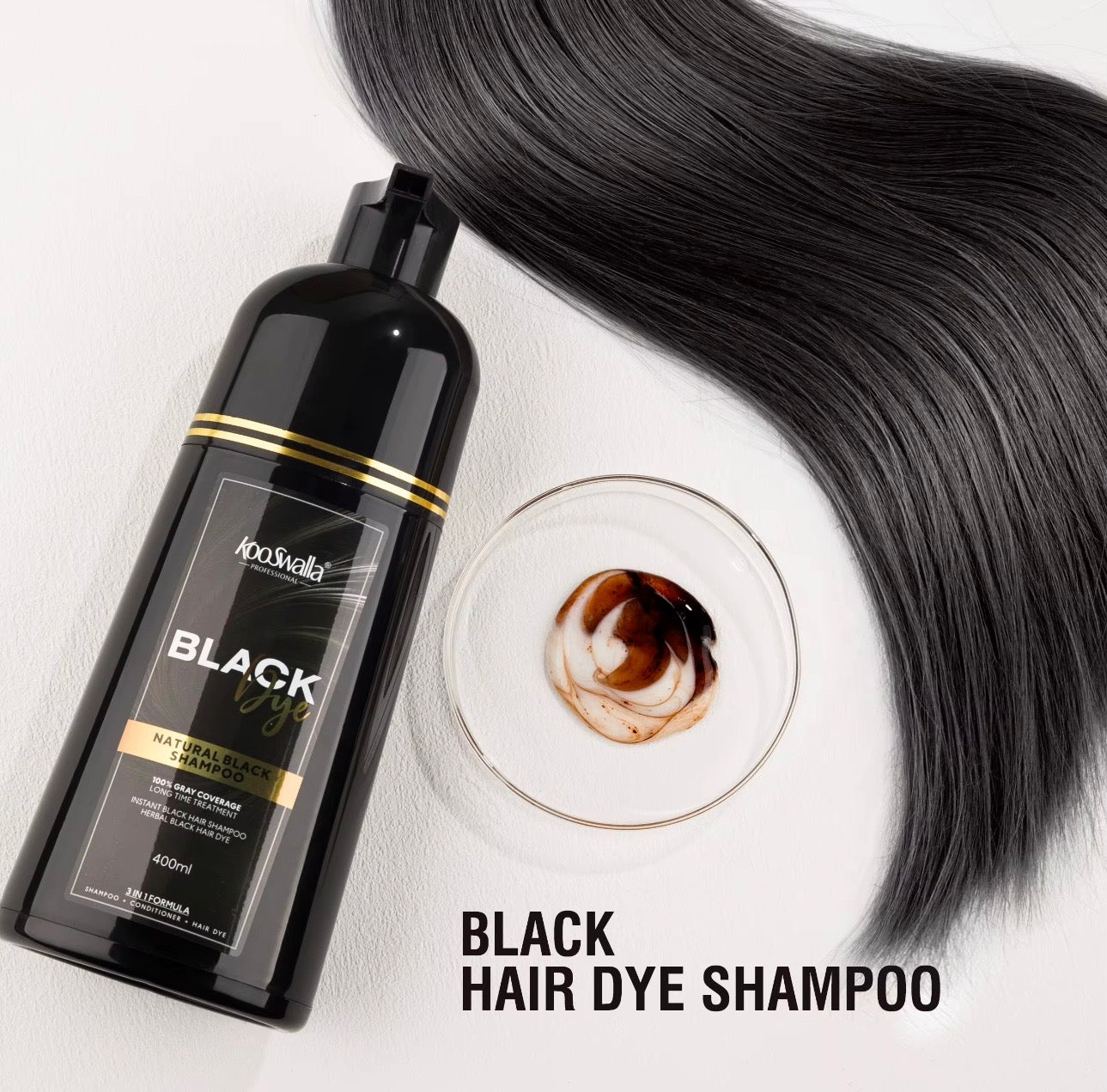 Kooswalla Professional 3-in-1 Black Hair Dye Shampoo 400ml – instant grey hair coverage with natural black colour.