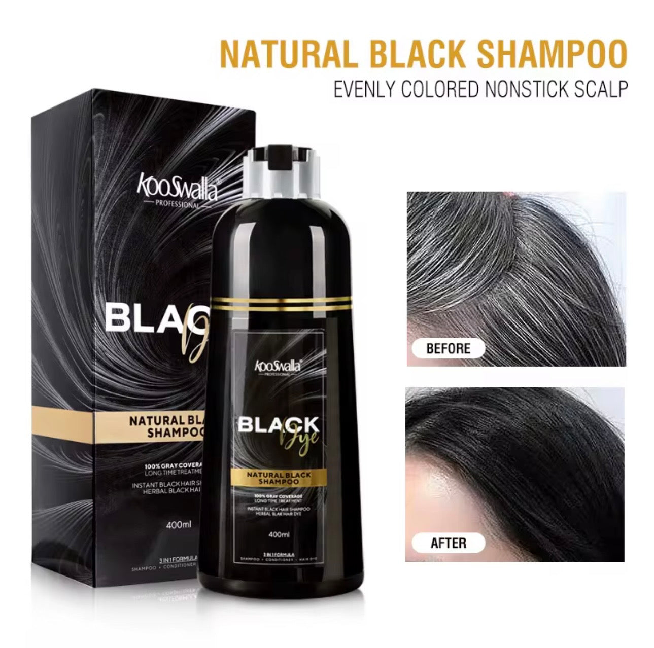Kooswalla Professional 3-in-1 Black Hair Dye Shampoo 400ml – instant grey hair coverage with natural black colour.