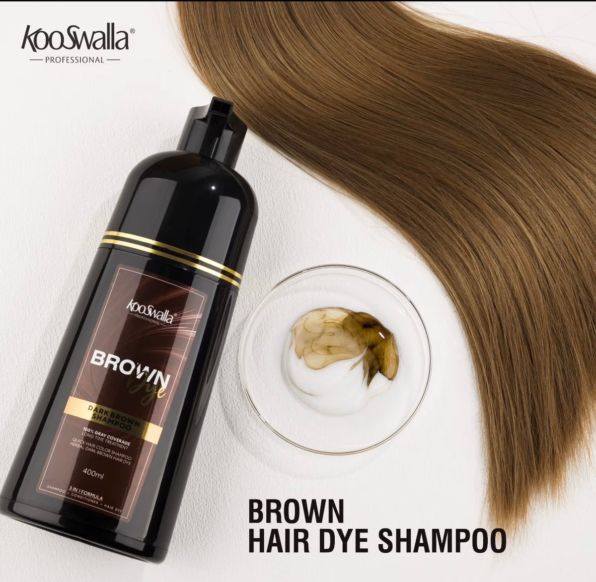 Kooswalla Professional 3-in-1 Black Hair Dye Shampoo 400ml – instant grey hair coverage with dark brown colour 