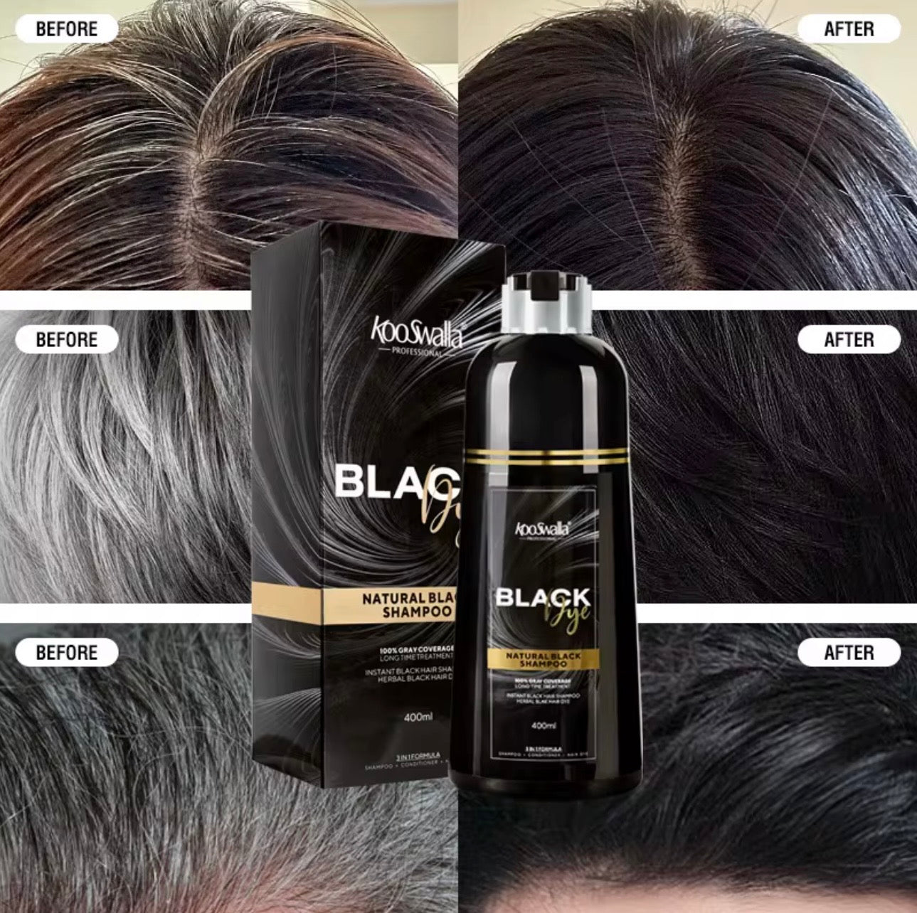 Kooswalla Professional 3-in-1 Black Hair Dye Shampoo 400ml – instant grey hair coverage with natural black colour.